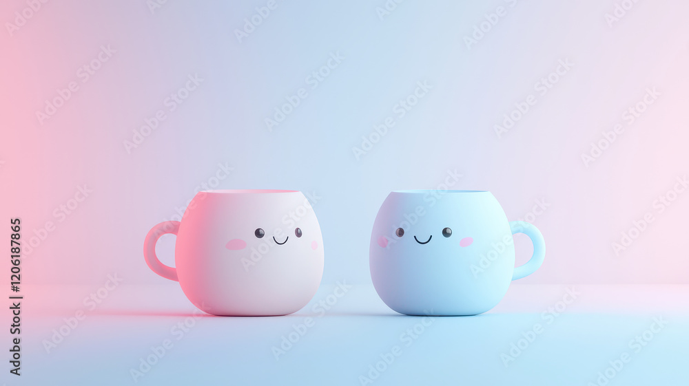 Two cute, minimalist mugs with smiling faces are placed side by side on pastel background, creating cheerful and playful atmosphere Two cute, minimalist mugs with smiling faces are placed side by side on pastel background, creating cheerful and playful atmosphere