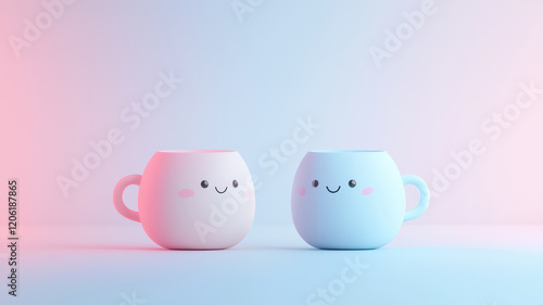 Wallpaper Mural Two cute, minimalist mugs with smiling faces are placed side by side on pastel background, creating cheerful and playful atmosphere Torontodigital.ca