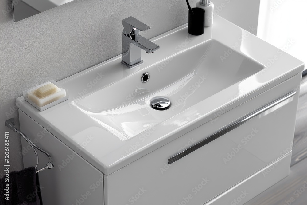 A simple bathroom setup with a white sink and mirror A simple bathroom setup with a white sink and mirror