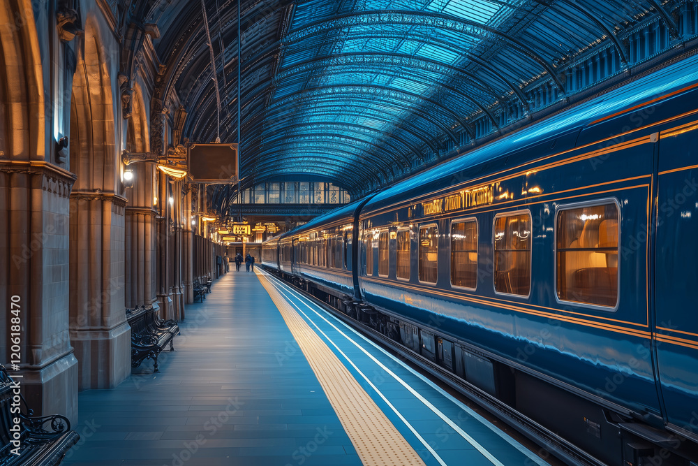 Luxury train departs from a beautifully lit railway station platform at dusk Luxury train departs from a beautifully lit railway station platform at dusk