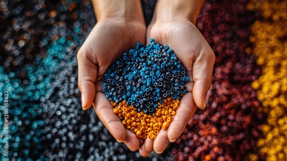 Colorful Beads in Hands Over a Background of Different Colors Colorful Beads in Hands Over a Background of Different Colors