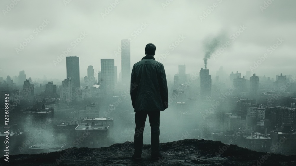 Man Overlooking Foggy Cityscape with Skyscrapers and Smoke Man Overlooking Foggy Cityscape with Skyscrapers and Smoke
