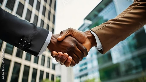 Two African-American businessmen shaking hands in agreement of a deal
