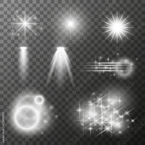 Set of glowing elements, flashes, stars, circles, spotlights on a transparent background