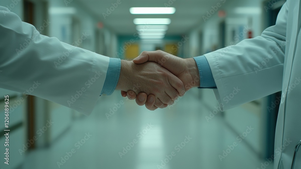 Doctors Shaking Hands in Hospital Corridor with Surgical Coats Doctors Shaking Hands in Hospital Corridor with Surgical Coats