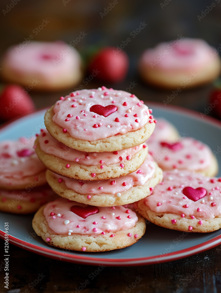 Deliciously decorated Valentine strawberry cookies stacked on a plate Deliciously decorated Valentine strawberry cookies stacked on a plate