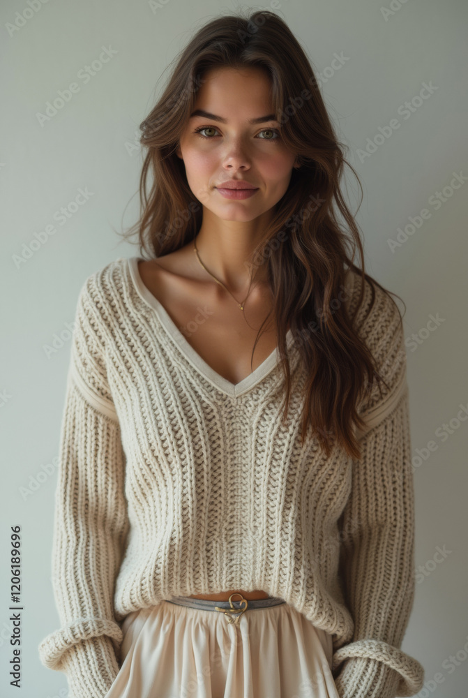 Young brunette girl in a white knitted sweater and a chiffon skirt Young brunette girl in a white knitted sweater and a chiffon skirt