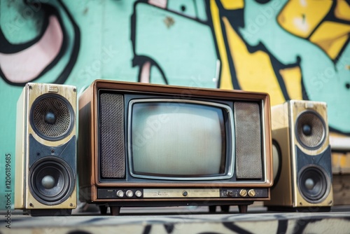 An old television sitting on a table with a worn-out exterior and a nostalgic feel photo