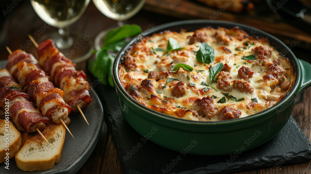 Creamy baked dish served with savory meat skewers in a rustic setting Creamy baked dish served with savory meat skewers in a rustic setting