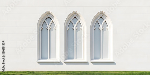 Three arched windows on a white wall, bathed in sunlight.  A serene and minimalist architectural detail. photo