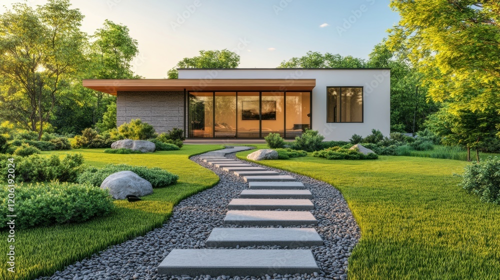 Modern House Surrounded by Lush Greenery and Scenic Pathway Modern House Surrounded by Lush Greenery and Scenic Pathway