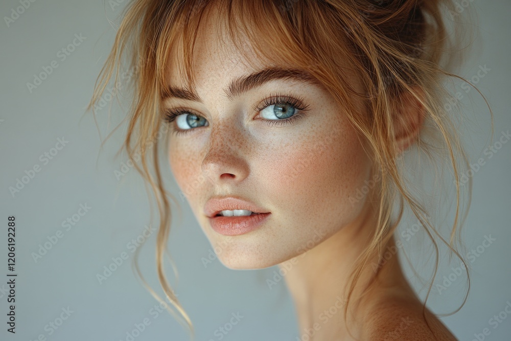 Close-up portrait of a woman with freckles on her face, suitable for beauty or lifestyle uses Close-up portrait of a woman with freckles on her face, suitable for beauty or lifestyle uses