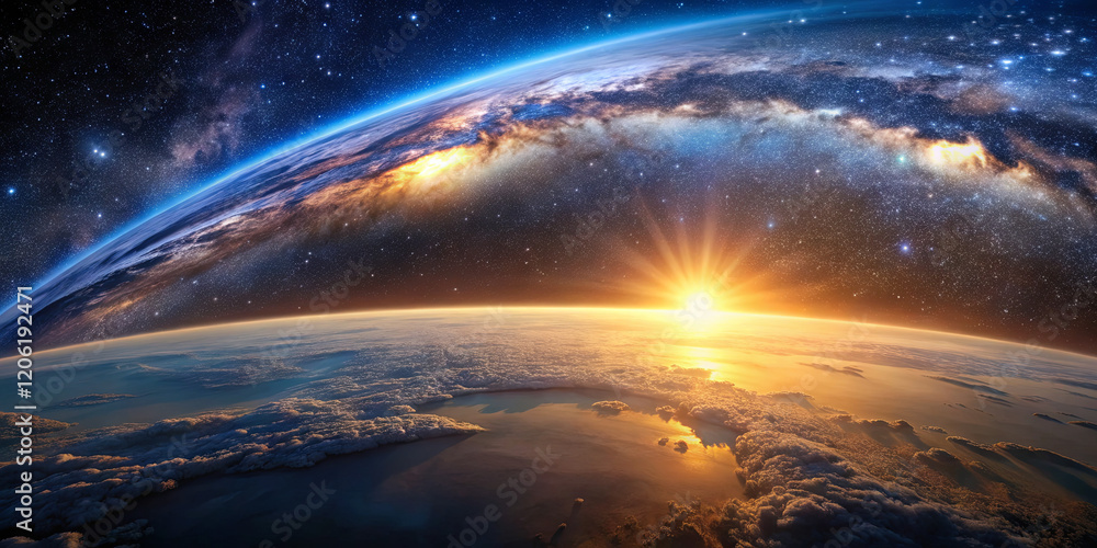 Fototapeta premium A breathtaking perspective of Earth as the sun rises beyond the horizon, illuminating clouds while a vibrant galaxy sparkles in the background, showcasing the beauty of the universe