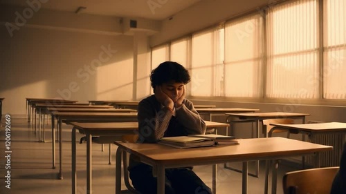 Sad Student Alone in Empty Classroom After School