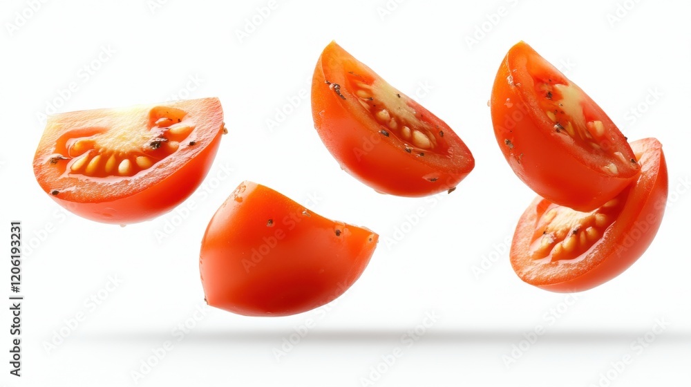 Fresh Red Tomato Slices Floating in Midair on a Bright Background Fresh Red Tomato Slices Floating in Midair on a Bright Background