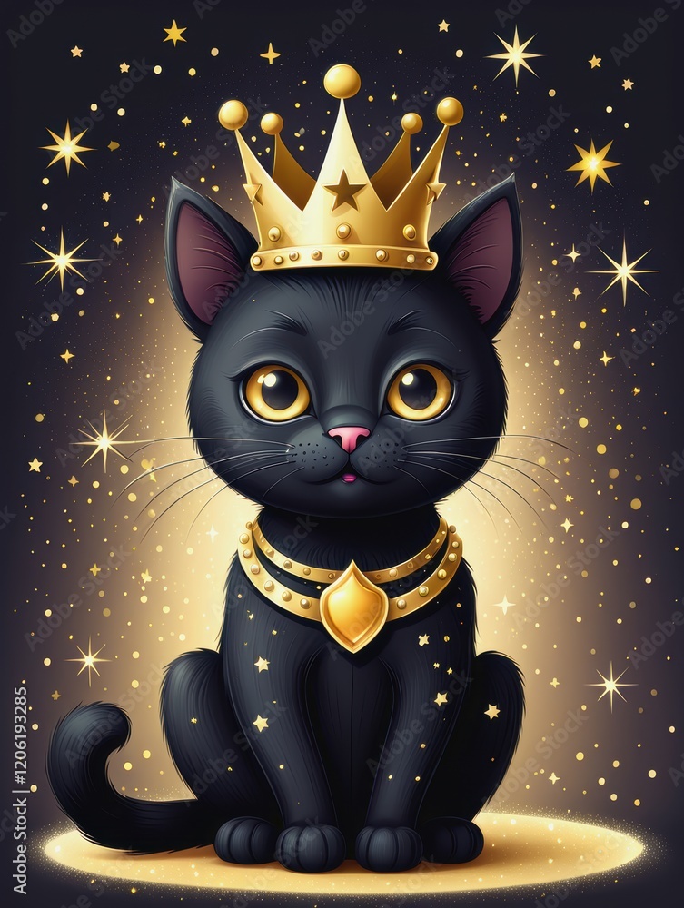 Fototapeta premium An illustration of a black cat wearing a crown and a gold pendant against a starry background