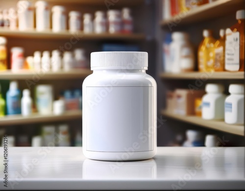 White plastic supplement bottle mockup in pharmacy photo