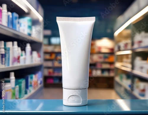 White tube mockup in pharmacy photo