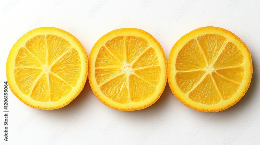 Freshly Sliced Oranges on White Background in Neat Arrangement Freshly Sliced Oranges on White Background in Neat Arrangement