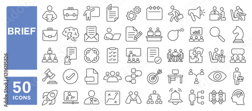 Set of 50 line icons related to brief, briefcase, presentation, business, workshop, brainstorming, discussion, deadline, deliver, final, work, Editable stroke. Vector illustration