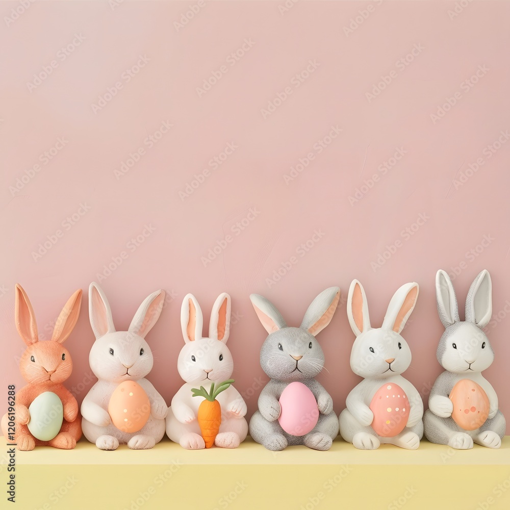 Fototapeta premium Festive Easter Bunnies Holding Pastel Eggs and Carrots on Minimal Background