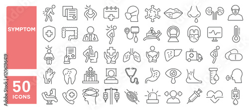 Set of 50 line icons related to symptom, sick, illness, pain, fatigue, disease, infection, vomit, nausea, headache, fever, achy, Editable stroke. Vector illustration