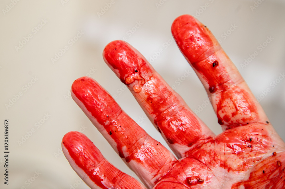 A hand with red paint on it, possibly from a fight or a bloody accident A hand with red paint on it, possibly from a fight or a bloody accident