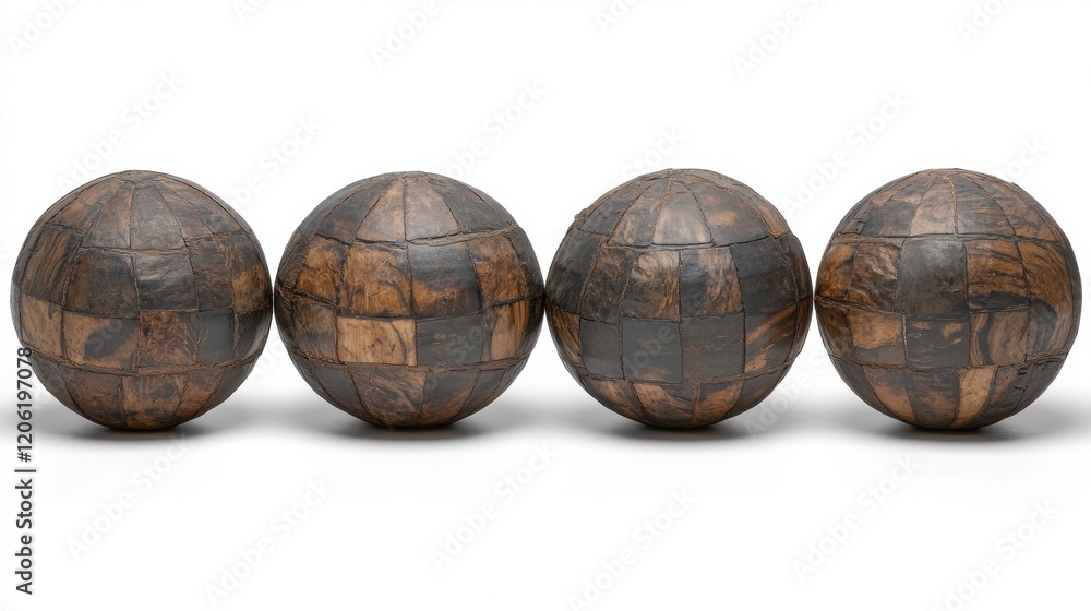 Detailed Decorative Wooden Spheres Arranged in a Row on White Background Detailed Decorative Wooden Spheres Arranged in a Row on White Background