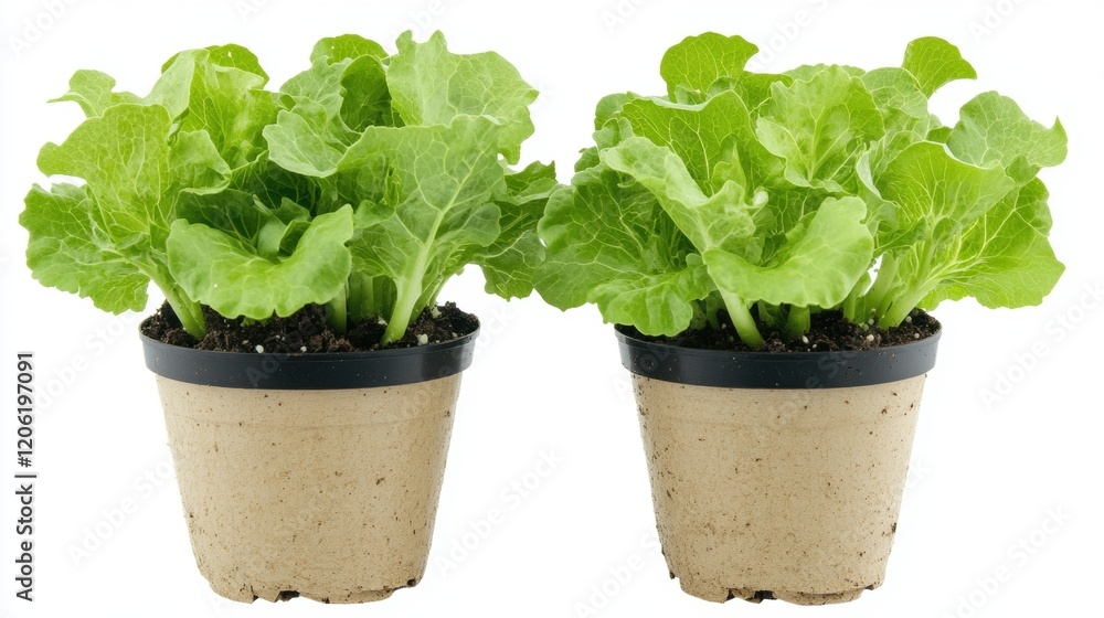 Fresh Green Lettuce Plants in Clay Pots on White Background