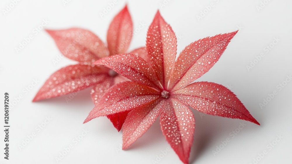 Close-Up of Red Leaves with Water Droplets on White Background Close-Up of Red Leaves with Water Droplets on White Background