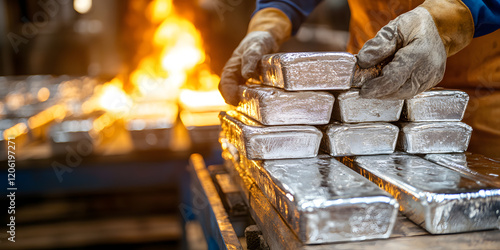 Metalworker handling stacks of gleaming silver ingots near a fiery furnace.  Industrial metal production.