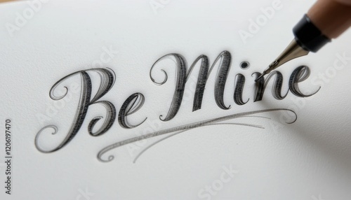 Calligraphy Be Mine on a white card with a quill pen photo