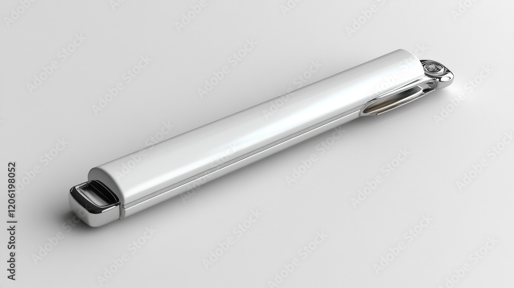 Sleek White Pen with Chrome Accent on Solid Background Surface Sleek White Pen with Chrome Accent on Solid Background Surface
