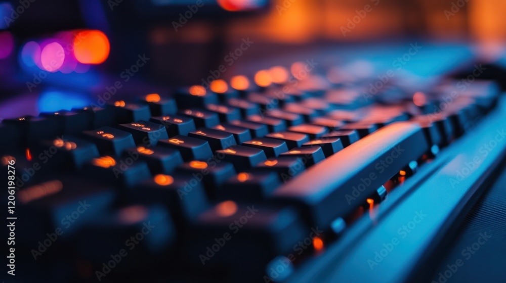 Fototapeta premium Gamer keyboard glows, night gaming setup, RGB lights
