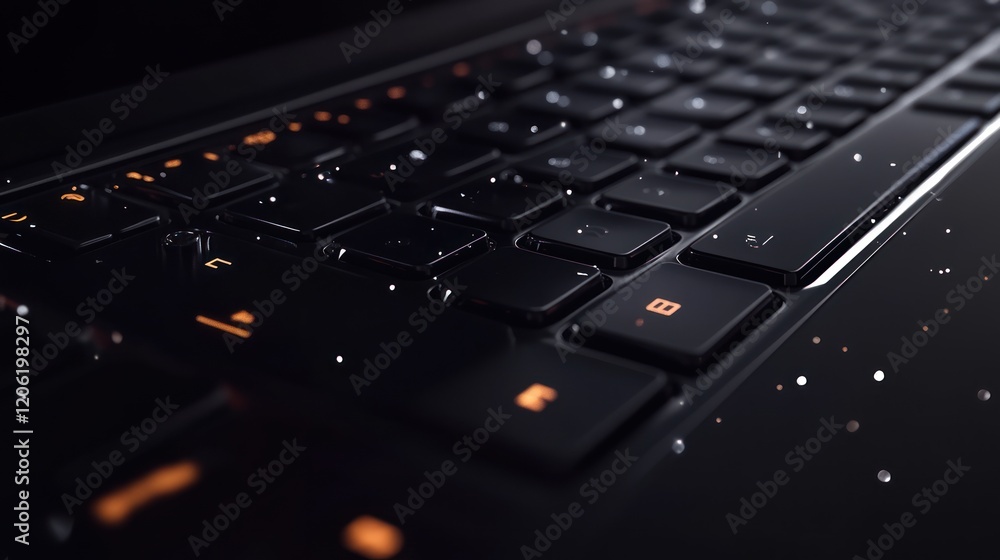 Close-up laptop keyboard, dark, wet, particles in background Close-up laptop keyboard, dark, wet, particles in background