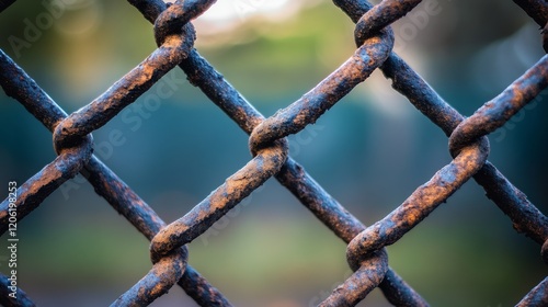 A close-up of a rusty metal chain link fence, showcasing the fine details of corroded texture and industrial decay, evoking themes of time and resilience. photo