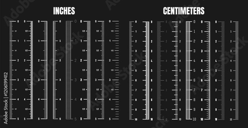 Vertical centimeter and inch scale for measuring length or height. Various measurement scales with divisions. Ruler, tape measure marks, size indicators. Vector illustration