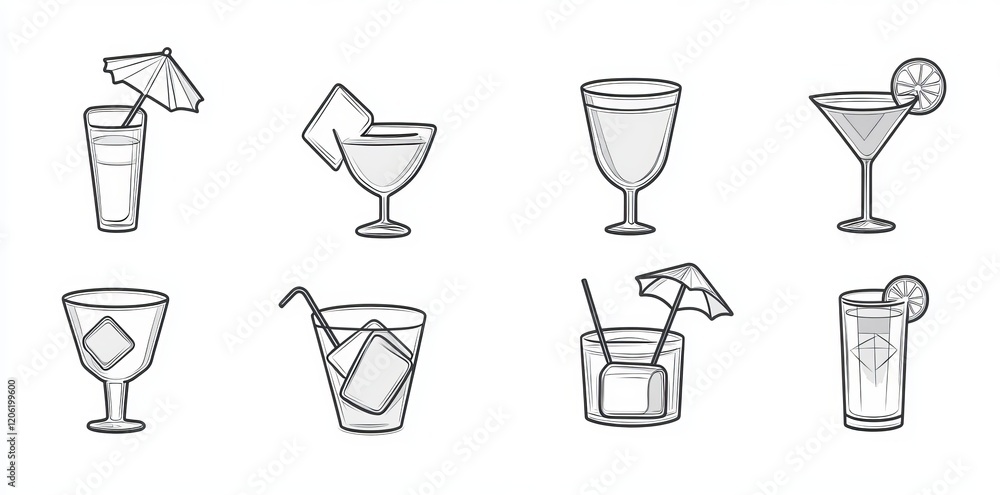 Displayed on a white background, a set of black and white modern icons includes a Martini cocktail served with an umbrella and olive in a classic glass. The glyph symbolizes an alcoholic beverage Displayed on a white background, a set of black and white modern icons includes a Martini cocktail served with an umbrella and olive in a classic glass. The glyph symbolizes an alcoholic beverage