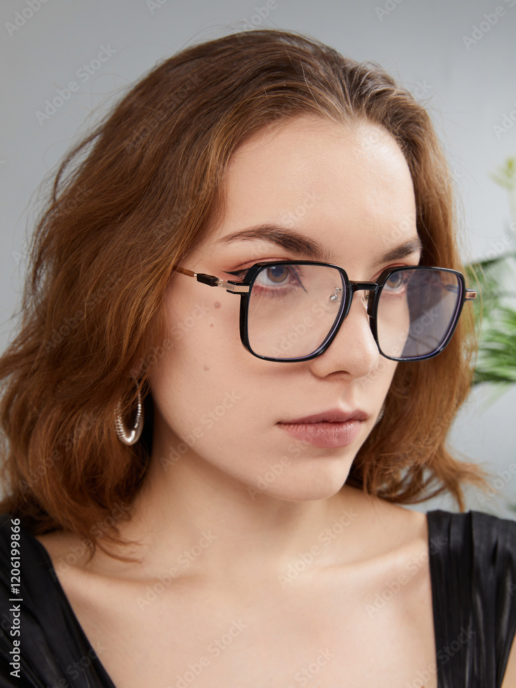 Fototapeta premium A glamorous woman in stylish glasses poses looking at the camera