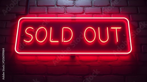 Striking bright red neon sign displaying sold out message illuminated against a dark rustic brick wall background.