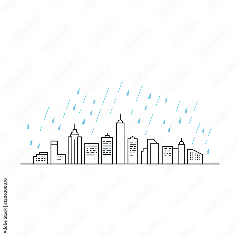 Naklejka premium Minimalist Flat-Line Art of Raindrops Falling Over City Skyline