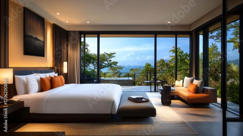 A luxurious bedroom suite featuring a white bed and orange accents, overlooking an ocean view with a spacious balcony and stylish contemporary decor. photo