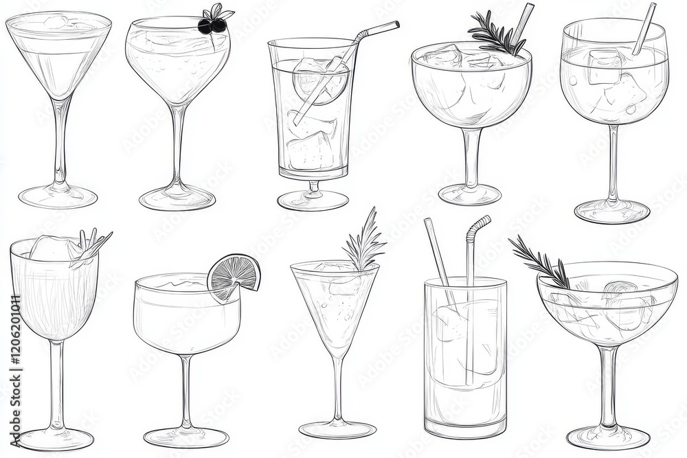 Collection of line drawings showcasing alcoholic drinks. Bar menu selections. Stock Collection of line drawings showcasing alcoholic drinks. Bar menu selections. Stock