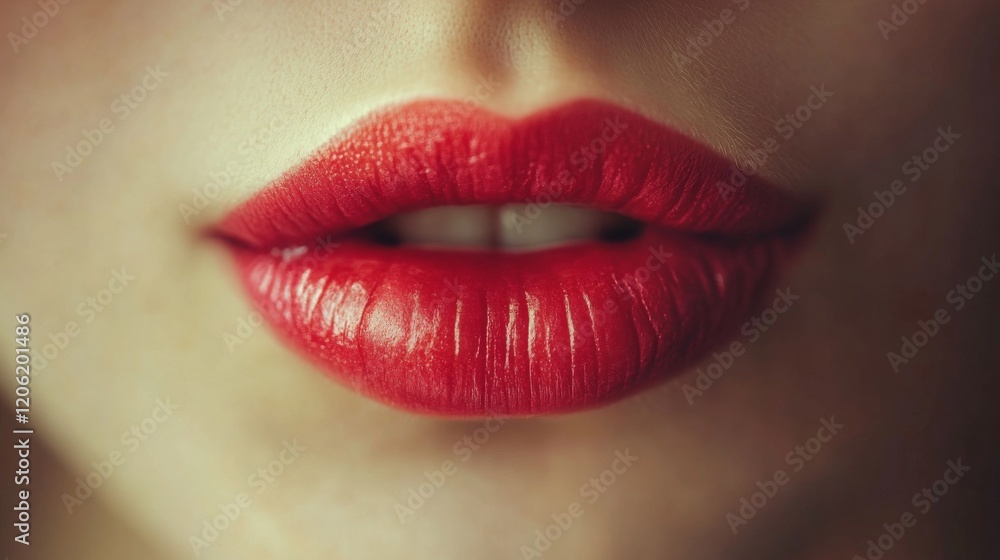 Fototapeta premium An evocative close-up image of glossy red lips with slightly parted lipstick application, emphasizing beauty and sensuality with vivid color and dramatic lighting.