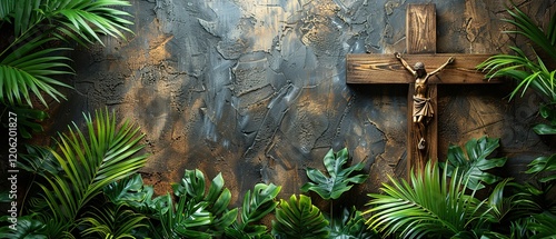 Palm Sunday background Wooden cross and palm leaves on neutral background with copy space for text