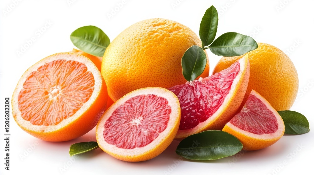 A collection of whole and sliced oranges and grapefruits with vibrant juicy textures, decorated with fresh green leaves, showcasing freshness and citrus zest. A collection of whole and sliced oranges and grapefruits with vibrant juicy textures, decorated with fresh green leaves, showcasing freshness and citrus zest.