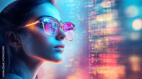 Wallpaper Mural A young woman wearing vibrant, neon-tinted glasses gazes upon a cityscape illuminated with digital screens, evoking a futuristic and technology-driven era. Torontodigital.ca