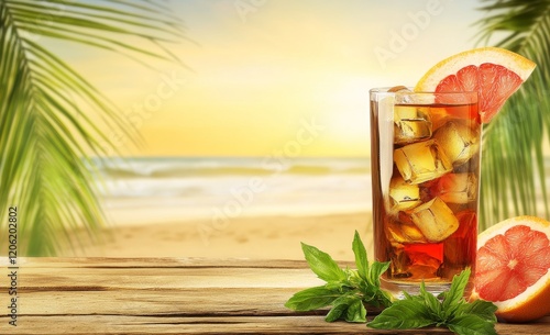 Generated by AI toolsDuring sunset on a tropical island, a cocktail is placed on a beach cafe table, captured through generative AIBeneath the golden glow of sunset, a cocktail is on display at a photo