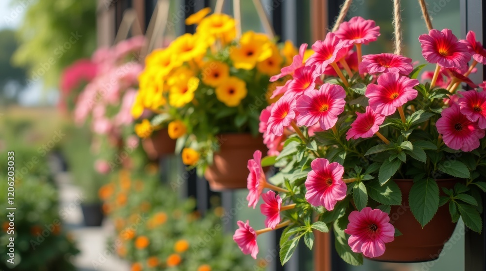 Hanging baskets filled with a variety of blooming flowers in a sunny garden. Bright, cascading petals create a cheerful and lively atmosphere. Hanging baskets filled with a variety of blooming flowers in a sunny garden. Bright, cascading petals create a cheerful and lively atmosphere.