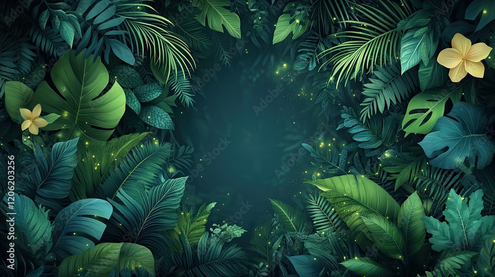 Fototapeta premium Lush green jungle foliage with glowing elements, creating a serene natural ambiance.